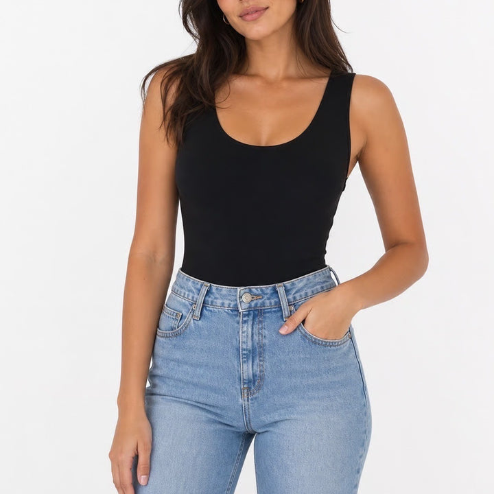Forever 21 Womens Knit Bodysuit Black Scoop Neck Sleeveless Snap Closure Size M