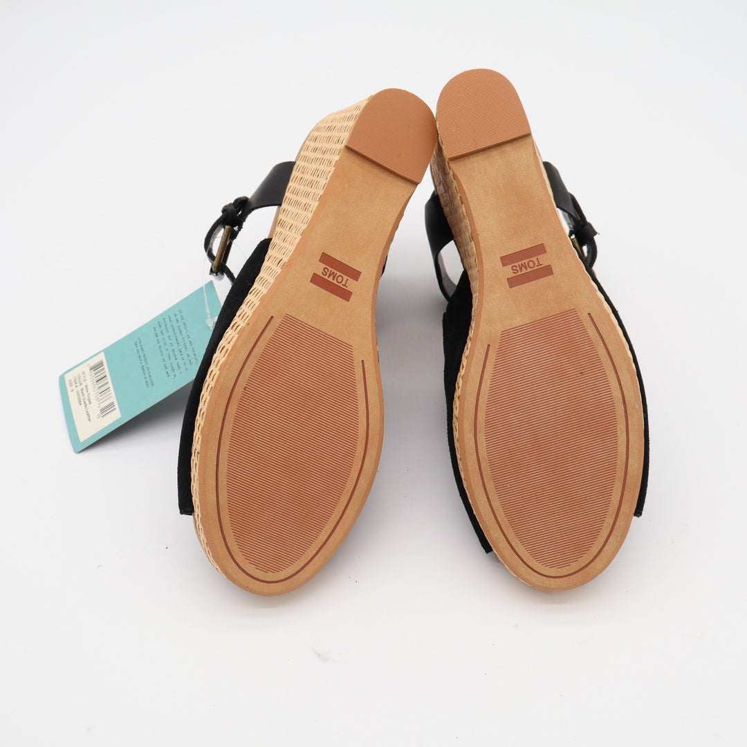 TOMS Tropez Black Suede Leather Wedge Sandals Peep Toe Ankle Strap Sz 9