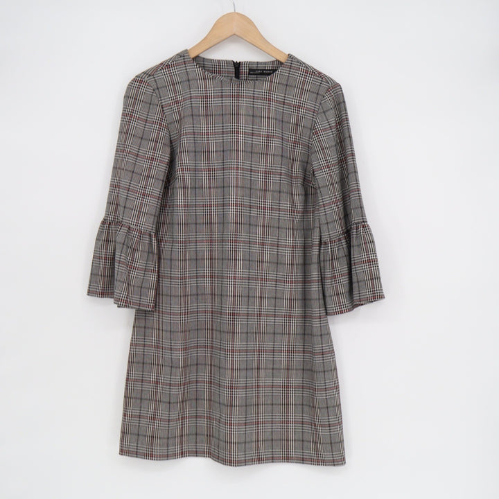 Zara Woman Plaid Glen Check Bell Sleeve Shift Mini Dress Black Red XS