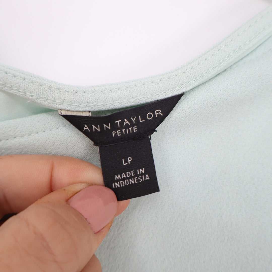Ann Taylor Petite Mint Green V-Neck Puff Short Sleeve Blouse Top LP