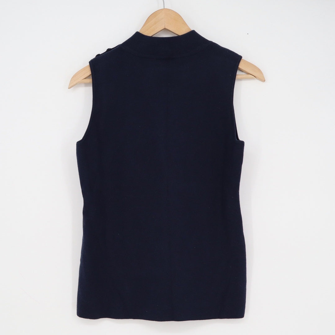 Ann Taylor Factory Navy Blue Mock Neck Sleeveless Knit Top Button Shoulder M