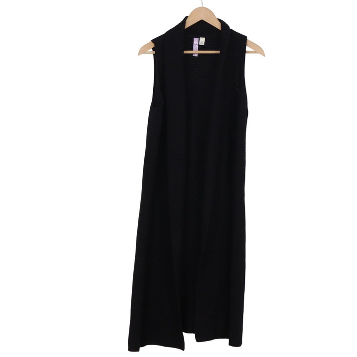 Alya Black Ribbed Longline Sleeveless Open Front Cardigan Vest Duster M