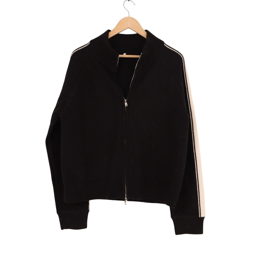 Fashion Sweater Jacket Womens Large Black Knit Acrylic Stripe Sleeve Full Zip