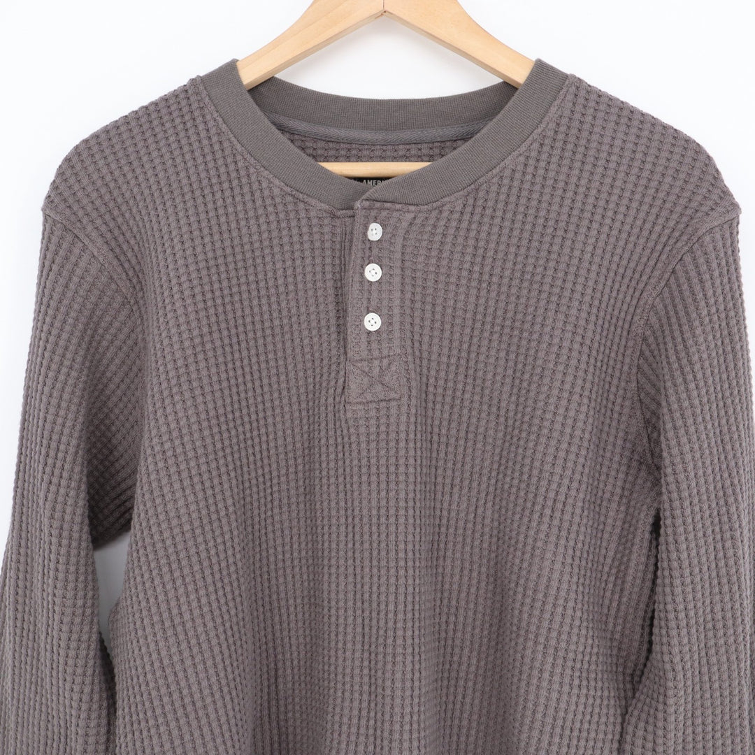 American Giant T-Shirt Men Medium Gray Cotton Stretch Waffle Knit Henley Neck
