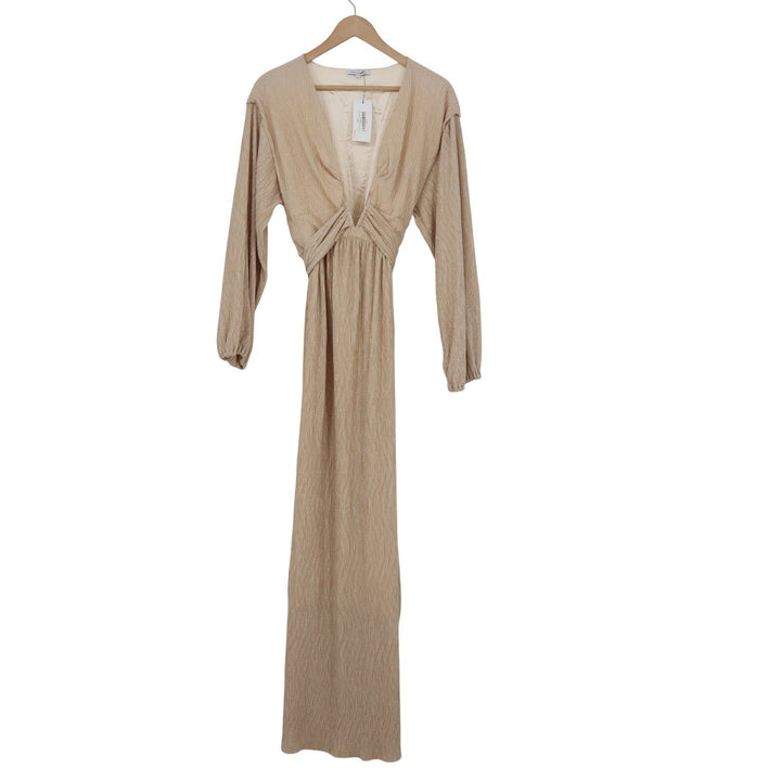 Crescent Deep V Maxi Dress Champagne Crinkle Textured Long Sleeve L NEW