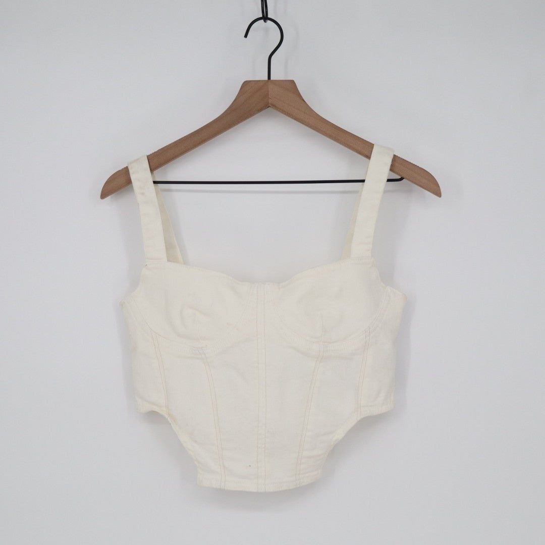 Zara Corset Top Womens Large White Denim Cotton Stretch Back Zip Wide Strap
