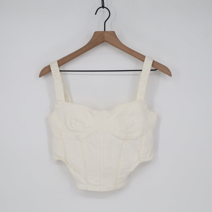 Zara Corset Top Womens Large White Denim Cotton Stretch Back Zip Wide Strap