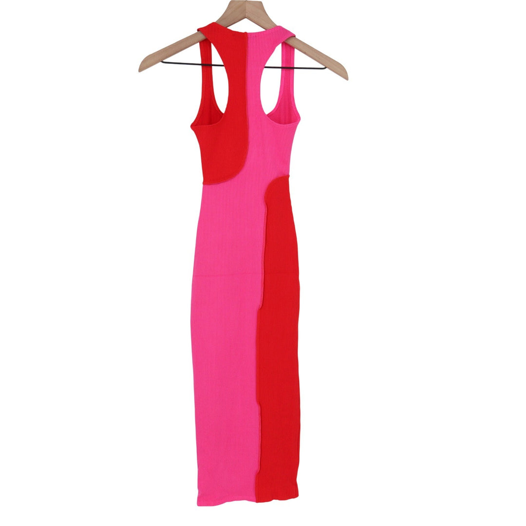 Naked Wardrobe Pink Red Colorblock Ribbed Midi Bodycon Dress Large