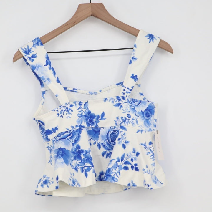 Maeve Peplum Tank Top Womens XS White Blue Floral Stretch Square Neck Outdoor