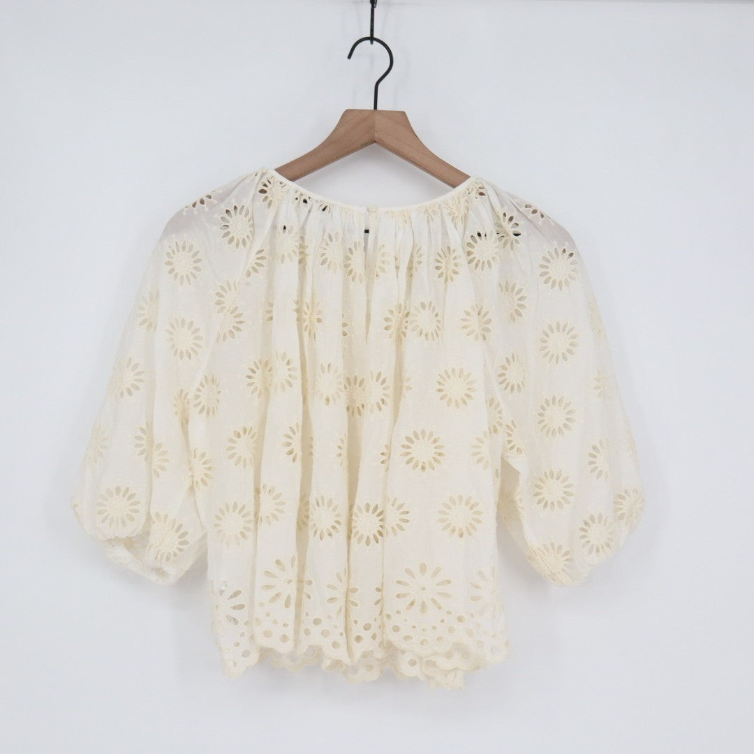 Madewell Tank Top Womens Small Cream Embroidered Eyelet Puff Sleeve Round Neck