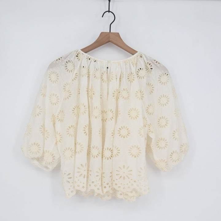 Madewell Tank Top Womens Small Cream Embroidered Eyelet Puff Sleeve Round Neck