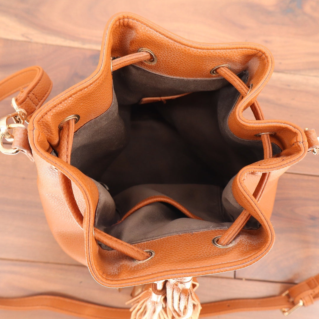 Cognac Brown Faux Leather Drawstring Bucket Bag Tassel Crossbody Zipper Bottom