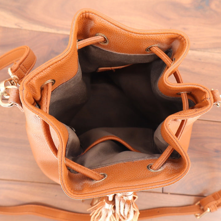 Cognac Brown Faux Leather Drawstring Bucket Bag Tassel Crossbody Zipper Bottom