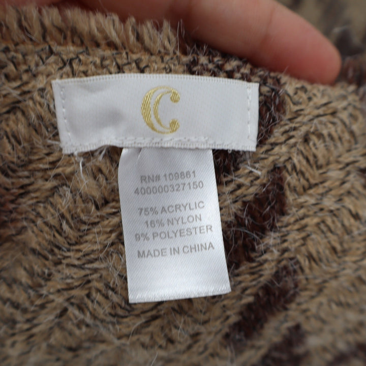 C.C Brown Tan Plaid Fuzzy Knit Fringe Shawl Wrap Oversized Scarf