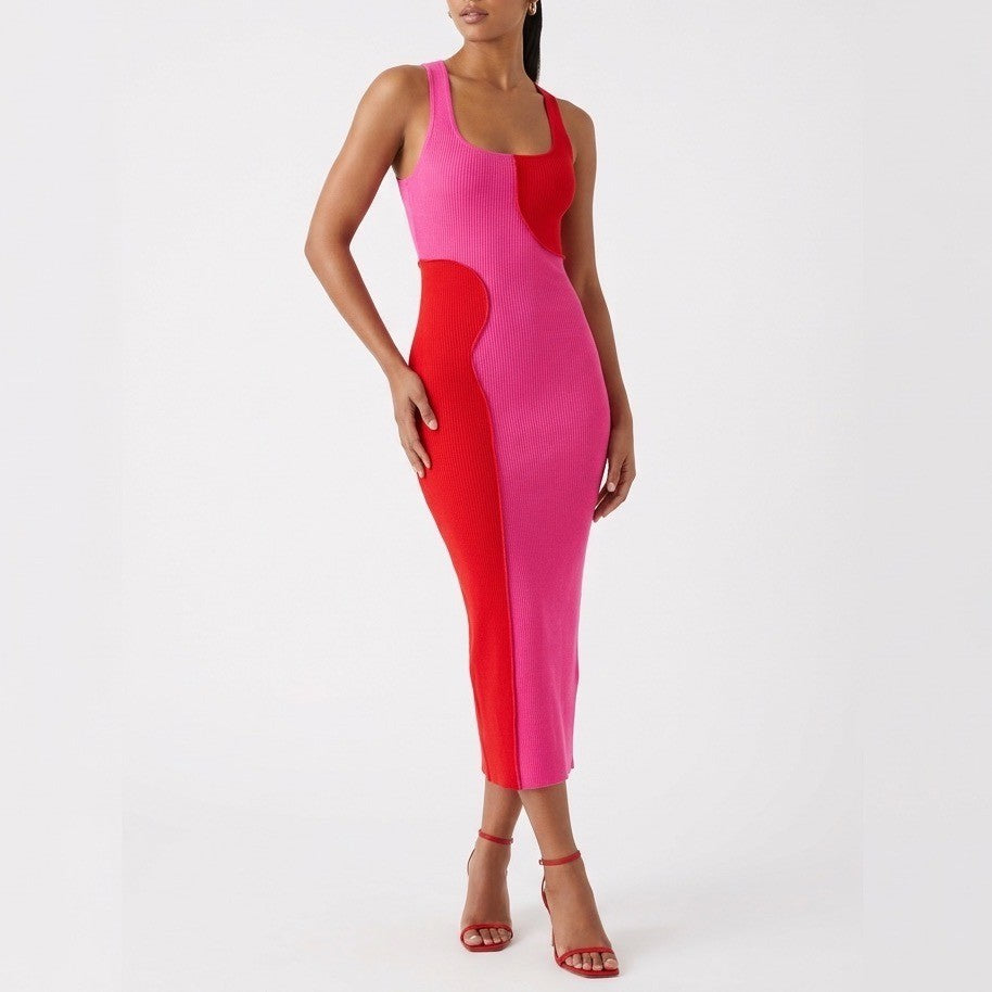 Naked Wardrobe Womens Pink Red Colorblock Ribbed Midi Bodycon Dress XL NW-D2400