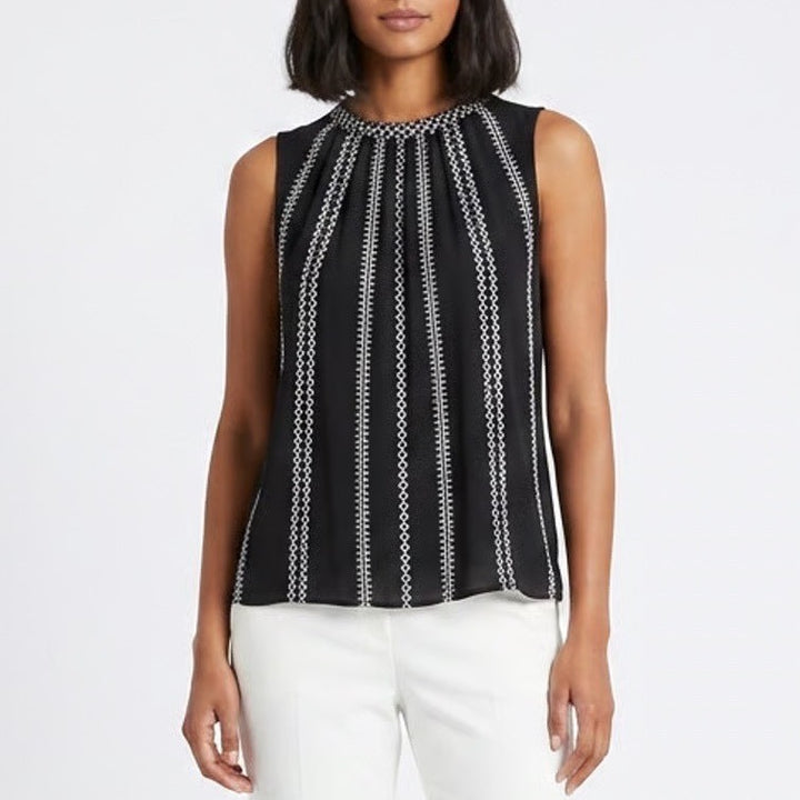 White House Black Market Blouse Womens 12 Black White Embroidered Sleeveless