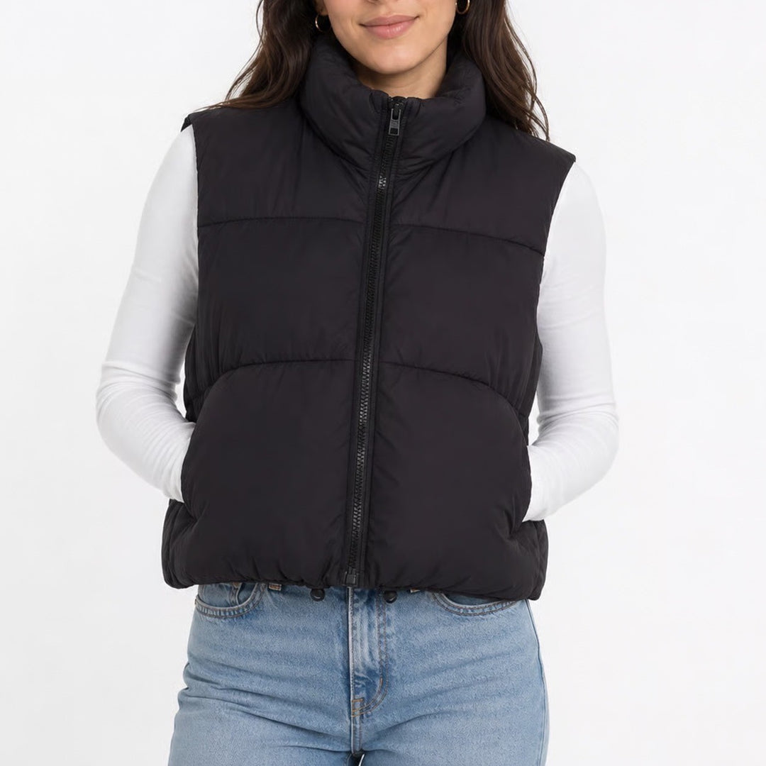 Black Puffer Vest Cropped Quilted Zip Up Stand Collar Sleeveless Jacket Large