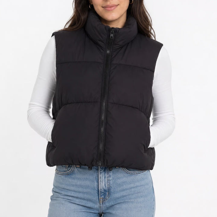 Black Puffer Vest Cropped Quilted Zip Up Stand Collar Sleeveless Jacket Large