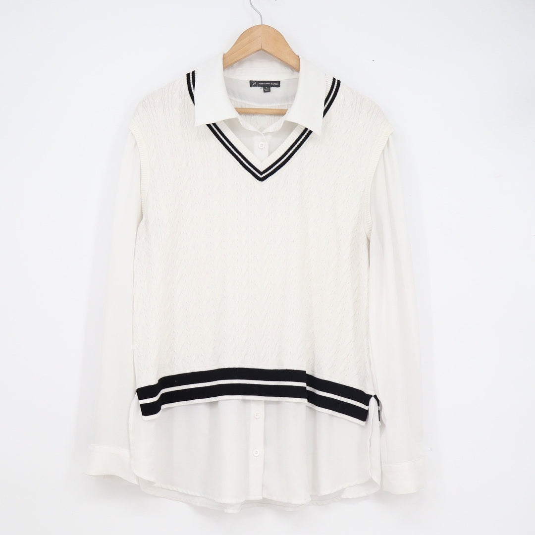 Adrianna Papell Womens XL Mixed Media Sweater Vest Layered Shirt White Cream