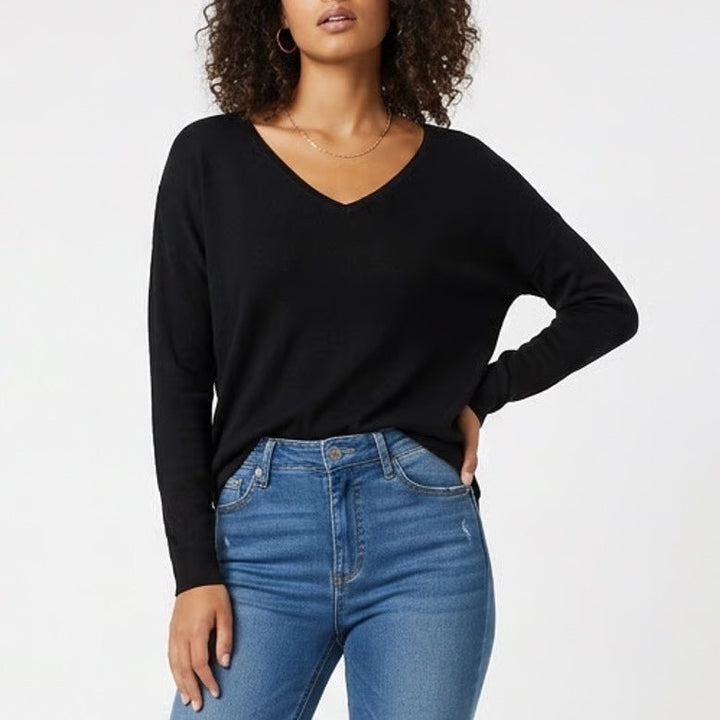 Old Navy T-Shirt Womens Medium Black Cotton Knit Long Sleeve V-Neck Pullover