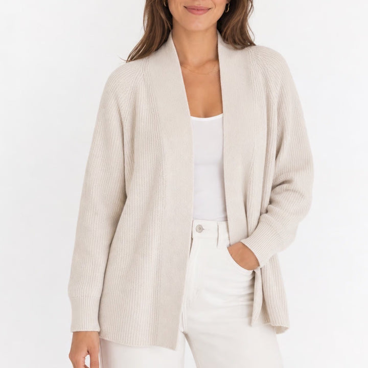 LOFT Womens Ribbed Open Front Cardigan Sweater Cream Ivory Cotton Wool Blend M