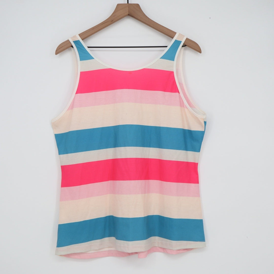 Pink Blue Cream Striped Notched Neck Tank Top Sleeveless Summer Shirt XL