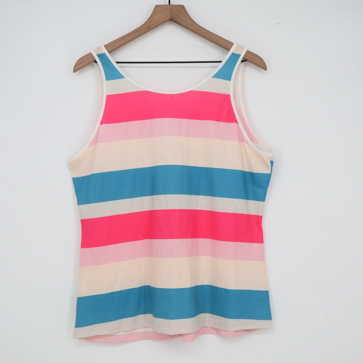 Pink Blue Cream Striped Notched Neck Tank Top Sleeveless Summer Shirt XL