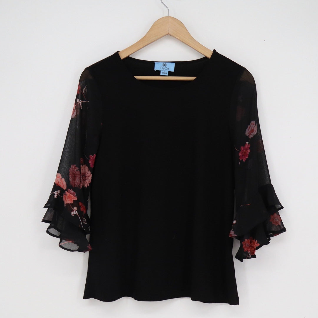 CeCe Womens Black Floral Tiered Ruffle 3/4 Sleeve Knit Blouse Top Small
