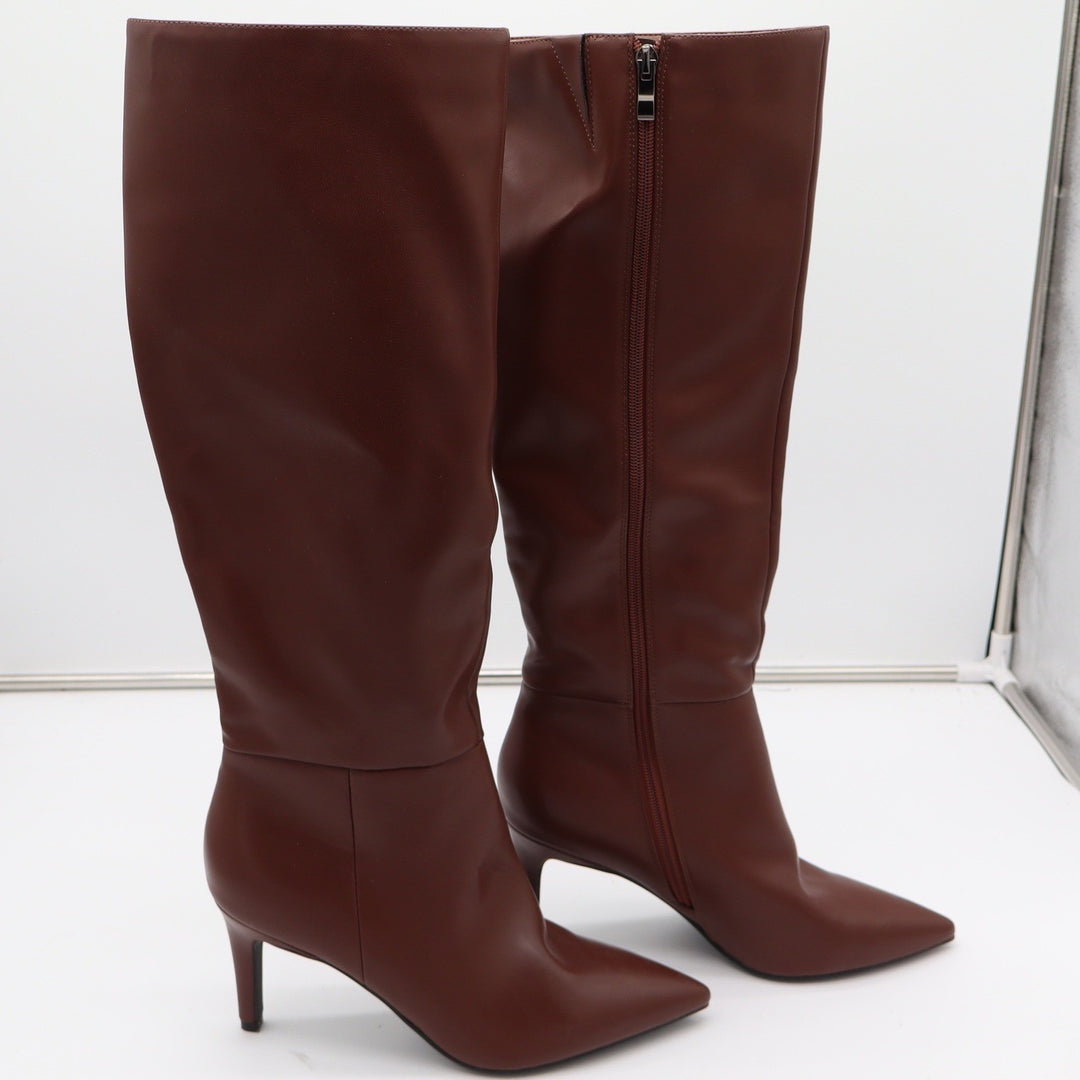 Brown Faux Leather Pointed Toe Stiletto Knee High Boots Size 8.5
