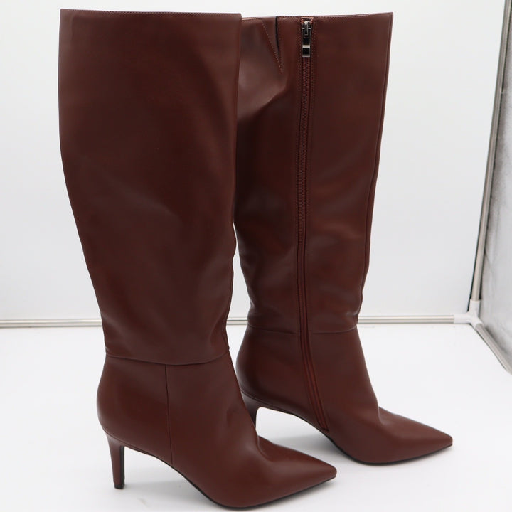 Brown Faux Leather Pointed Toe Stiletto Knee High Boots Size 8.5