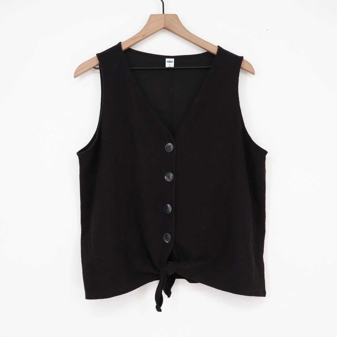 Old Navy Womens XL Black Waffle Knit Button Front Tie Hem Vest Top
