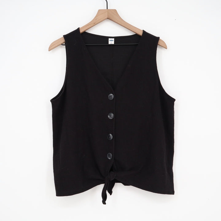 Old Navy Womens XL Black Waffle Knit Button Front Tie Hem Vest Top