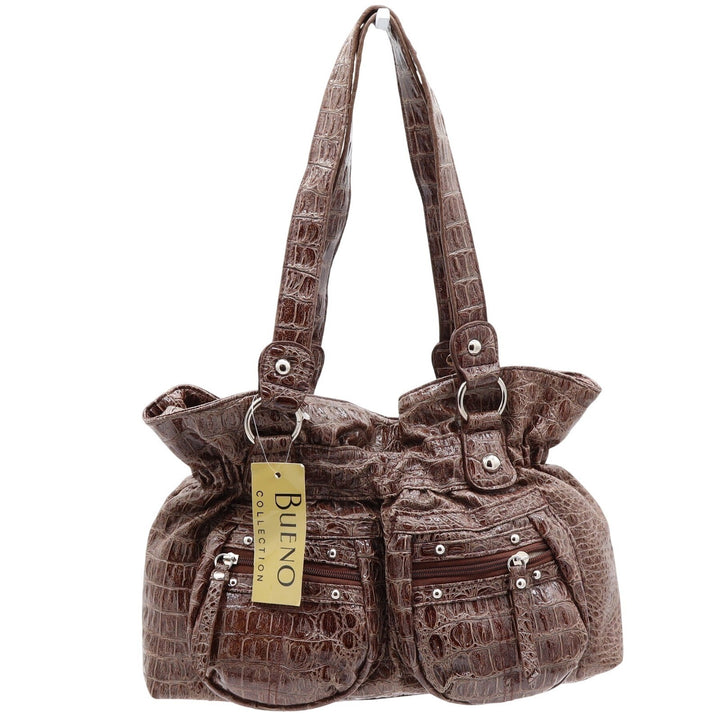 Bueno Shoulder Bag Womens Medium Brown Croc Embossed Faux Leather NEW