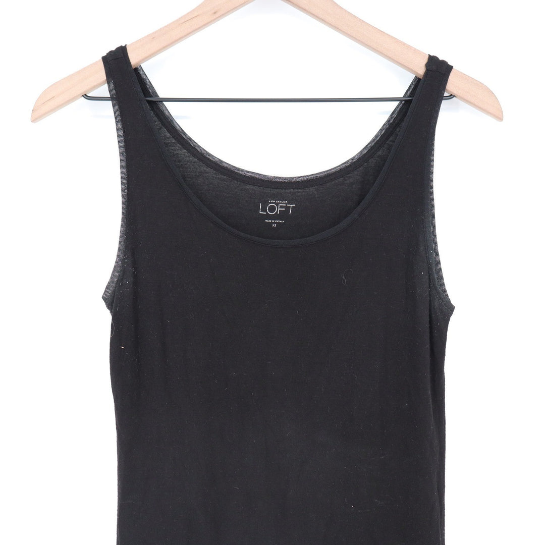 LOFT Black Scoop Neck Tank Top with Mesh Trim XS Sleeveless Rayon Spandex