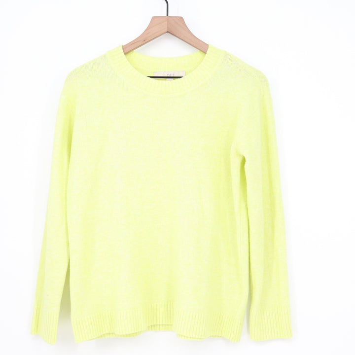 Loft Womens Neon Yellow Crewneck Fuzzy Knit Sweater Size M Ribbed Trim