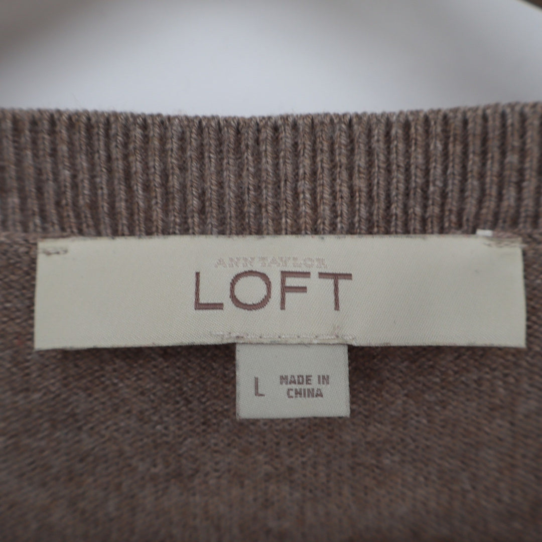 Ann Taylor Loft Womens Large Taupe Brown Ribbed Sleeve Relaxed Knit Sweater L