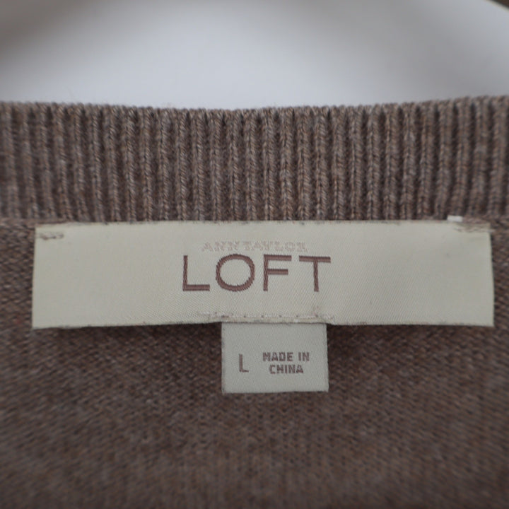 Ann Taylor Loft Womens Large Taupe Brown Ribbed Sleeve Relaxed Knit Sweater L