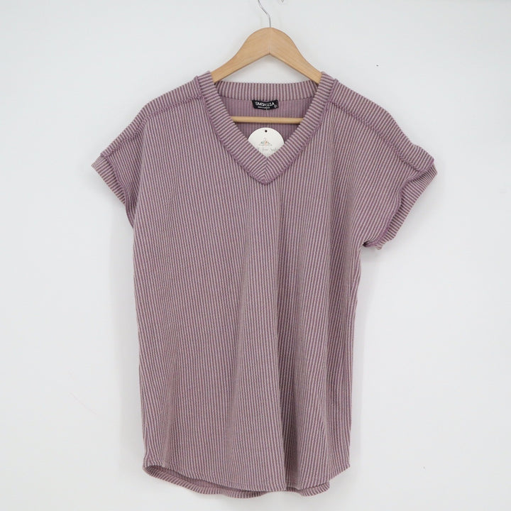 Heimish USA Lavender Ribbed V-Neck Short Sleeve Top Small NEW