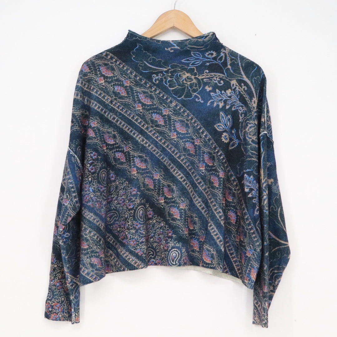 Pilcro Anthropologie 100% Cashmere Sweater Paisley Floral Mock Neck Blue Teal S