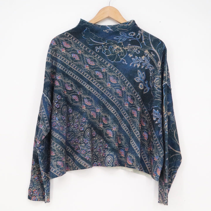 Pilcro Anthropologie 100% Cashmere Sweater Paisley Floral Mock Neck Blue Teal S
