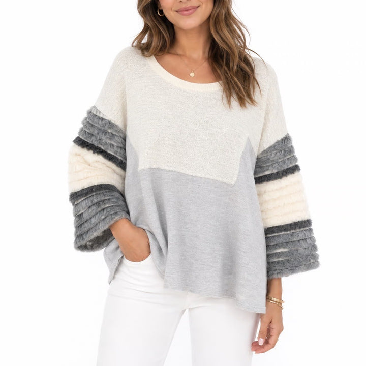 AMADI Grey Cream Colorblock Faux Fur Stripe Sleeve Pullover Top XL Made in USA