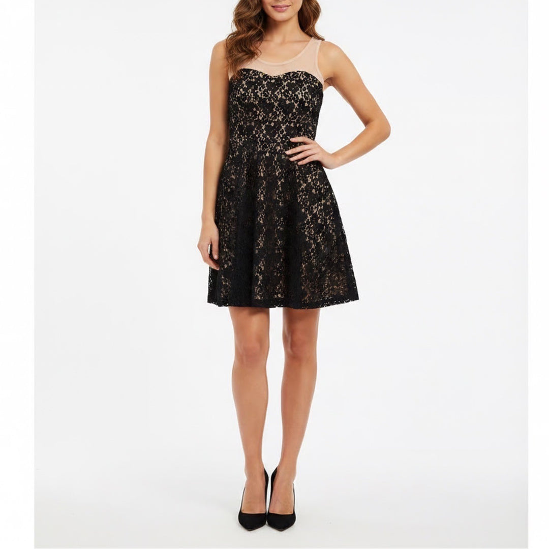 American Rag Womens Black Lace Fit Flare Dress Mesh Yoke Size M DVB994