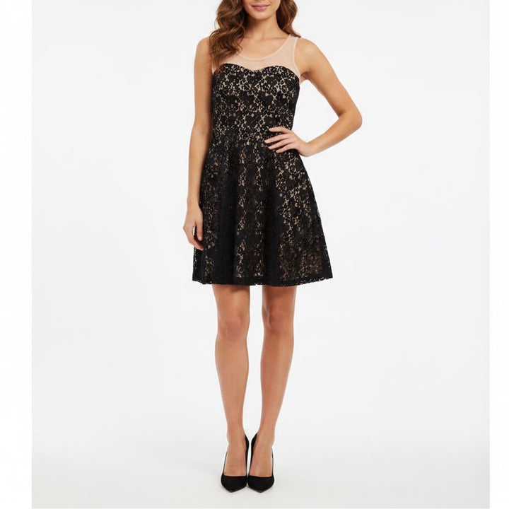American Rag Womens Black Lace Fit Flare Dress Mesh Yoke Size M DVB994
