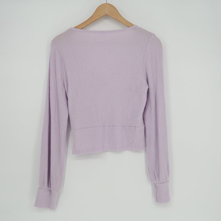 Hollister Faux Wrap Crop Top Womens L Purple Stretch V Neck Long Sleeve Ribbed