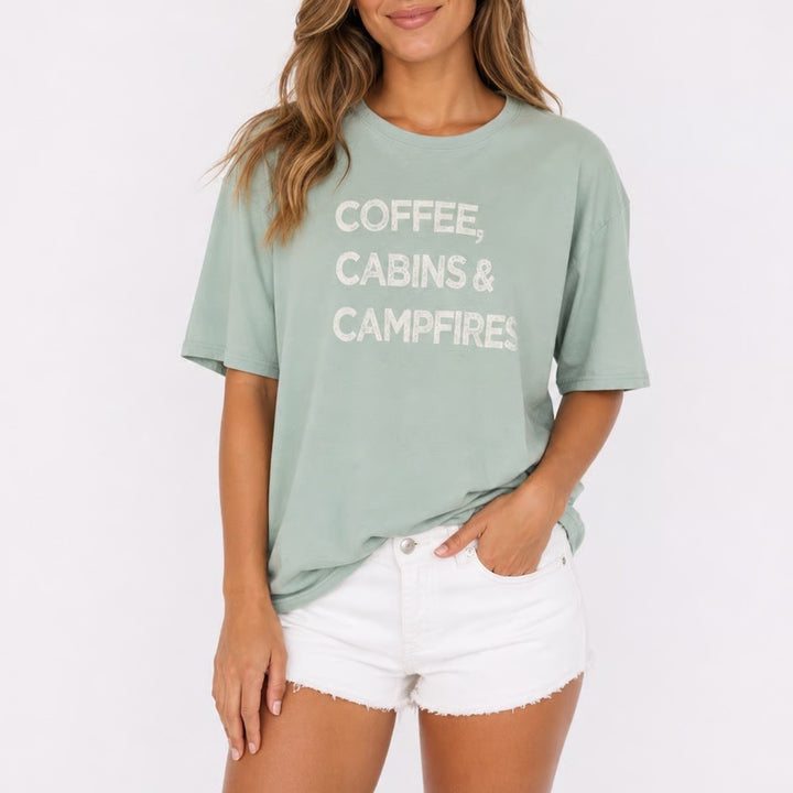 Natural Reflections Sage Green Coffee Cabins Campfires Graphic Tee Large