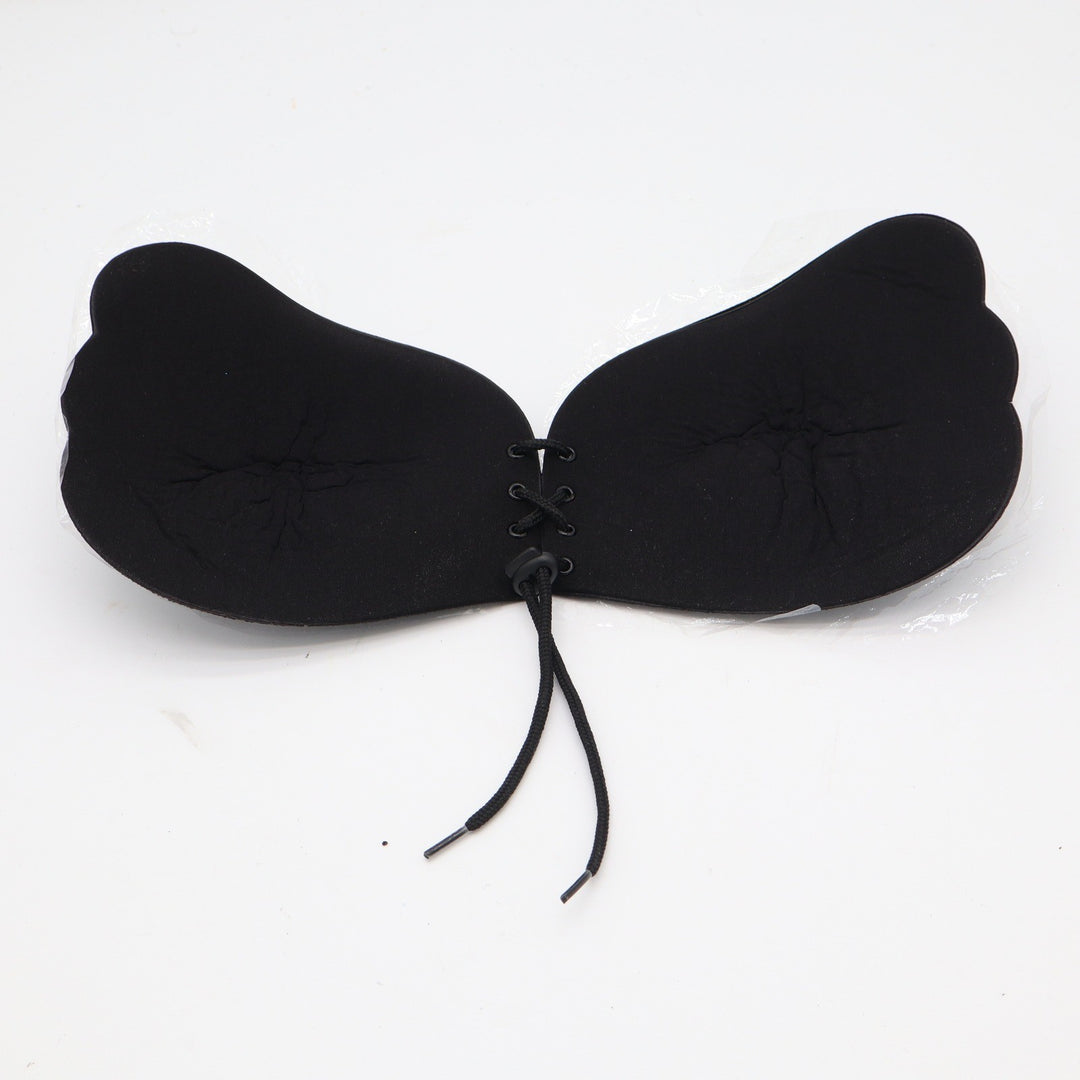 Black Adhesive Wing Strapless Bra Front Lace Up Drawstring Backless One Size