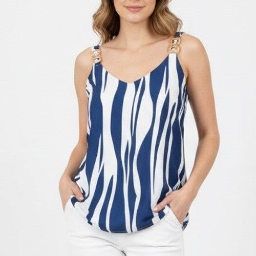 Chicme Cropped Top Womens Medium Blue White Zebra Print Scoop Neck Sleeveless