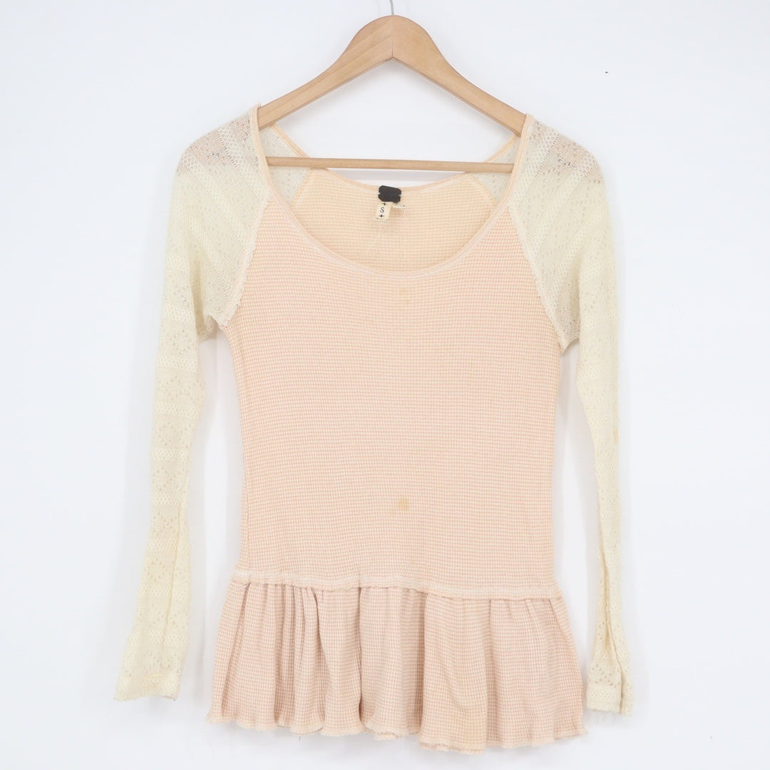 We The Free Free People Peach Thermal Lace Sleeve Peplum Top Small
