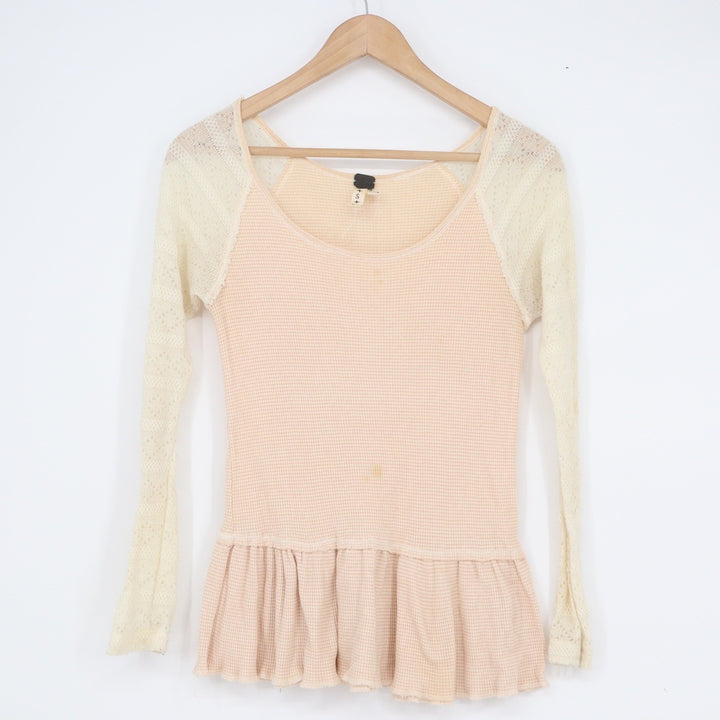 We The Free Free People Peach Thermal Lace Sleeve Peplum Top Small
