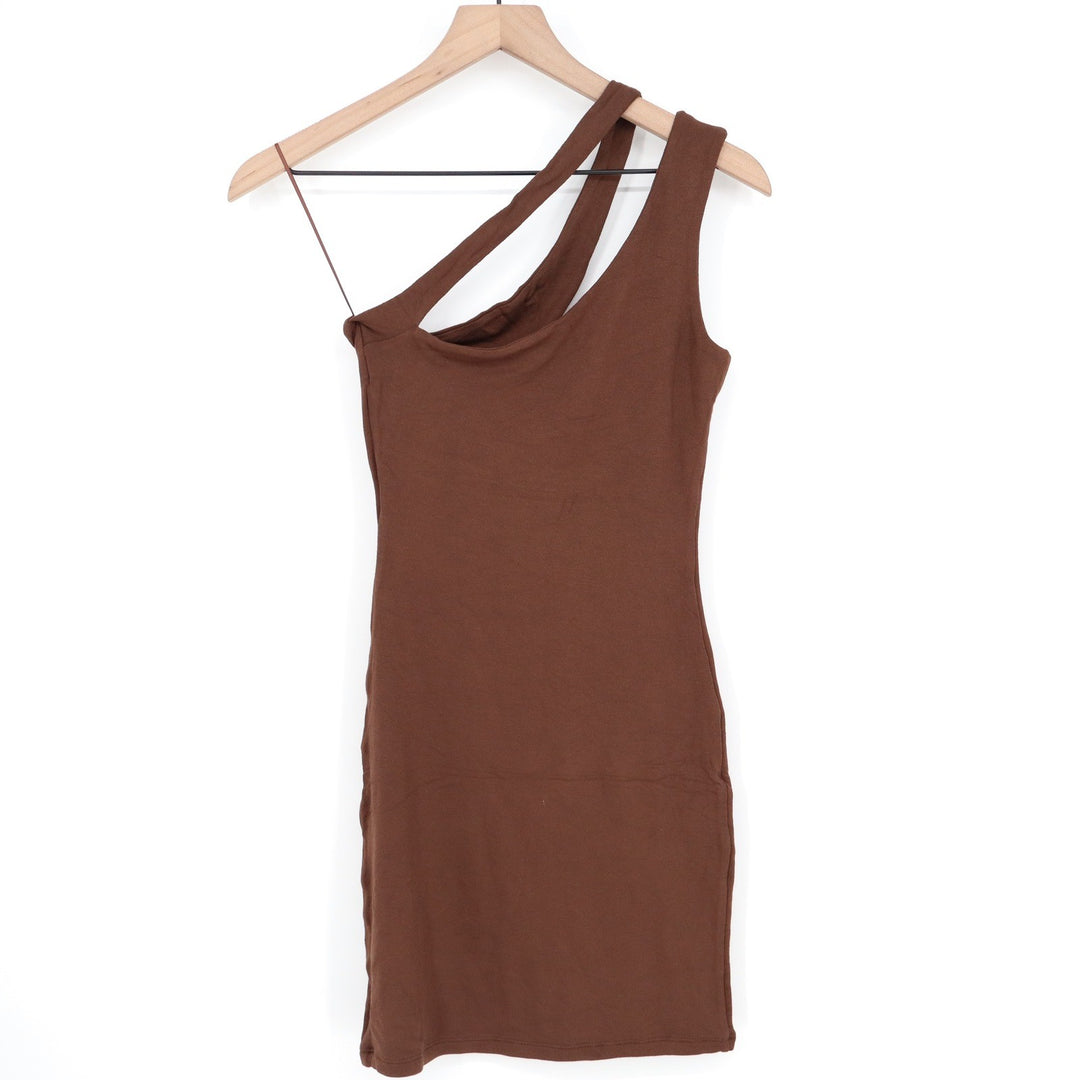 Naked Wardrobe One Shoulder Cutout Mini Dress Brown XL